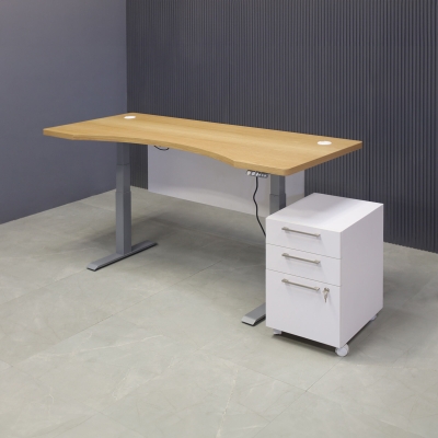 72-inch aXis Sit-stand Executive Desk in white oak veneer top, white matte laminate privacy panel and silver metal legs, with a white matte laminate mobile cabinet.