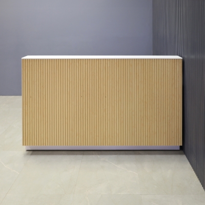 72-inch Dallas Straight Custom Reception Desk in 1/2-inch white solid engineered surface top, maple tambour main desk, and white matte laminate workspace & toe-kick.