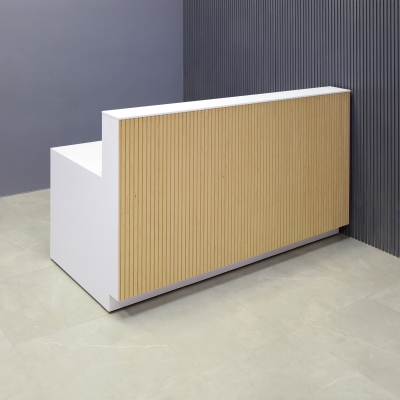 72-inch Dallas Straight Custom Reception Desk in 1/2-inch white solid engineered surface top, maple tambour main desk, and white matte laminate workspace & toe-kick.