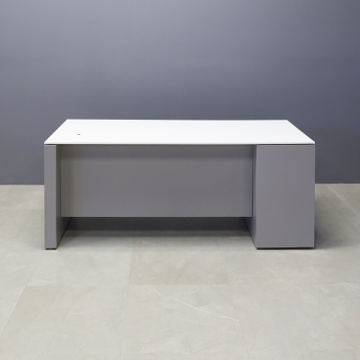 72-inch Denver Straight Executive Desk W/ left side cabinet when sitting, in 1/2-inch white solid engineered surface top and fog gray matte laminate finish base, cabinet & privacy panel.