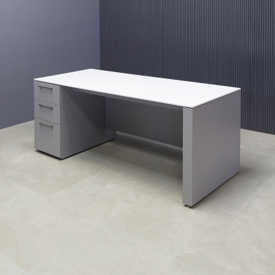 72-inch Denver Straight Executive Desk W/ left side cabinet when sitting, in 1/2-inch white solid engineered surface top and fog gray matte laminate finish base, cabinet & privacy panel.