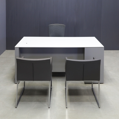 72-inch Denver Straight Executive Desk W/ left side cabinet when sitting, in 1/2-inch white solid engineered surface top and fog gray matte laminate finish base, cabinet & privacy panel.