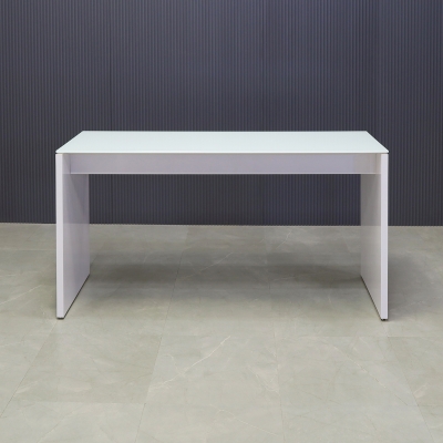 Ashville Tempered Glass Bar Table in white top and white gloss laminate base shown here.
