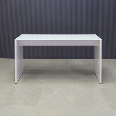 72-inch Ashville Bar Table in 1/2-inch white tempered glass top and white gloss laminate base.