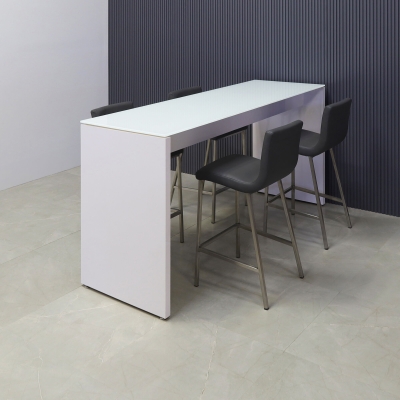 72-inch Ashville Bar Table in 1/2-inch white tempered glass top and white gloss laminate base.