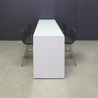 Ashville Tempered Glass Bar Table in white top and white gloss laminate base shown here.