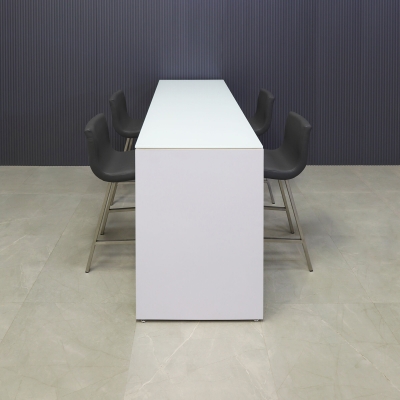 72-inch Ashville Bar Table in 1/2-inch white tempered glass top and white gloss laminate base.