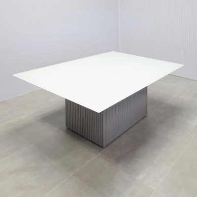72-inch Omaha Rectangular Conference Table in 1/2-inch white tempered glass top, and fog gray tambour base.