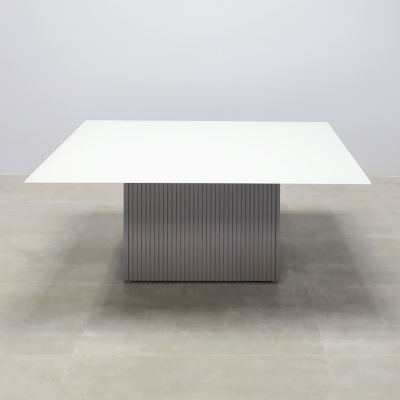 72-inch Omaha Rectangular Conference Table in 1/2-inch white tempered glass top, and fog gray tambour base.