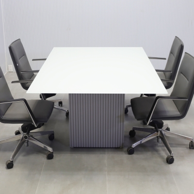 72-inch Omaha Rectangular Conference Table in 1/2-inch white tempered glass top, and fog gray tambour base.