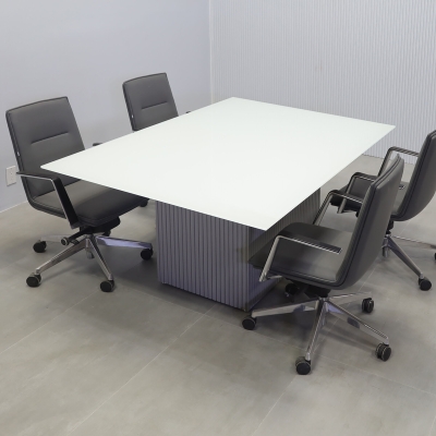 72-inch Omaha Rectangular Conference Table in 1/2-inch white tempered glass top, and fog gray tambour base.