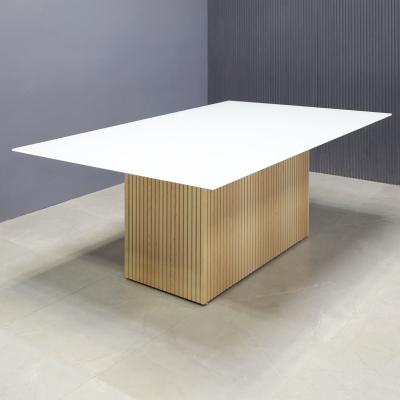 72-inch Omaha Rectangular Conference Table in 1/2-inch white tempered glass top and maple veneer tambour base.