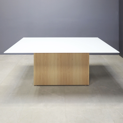 72-inch Omaha Rectangular Conference Table in 1/2-inch white tempered glass top and maple veneer tambour base.