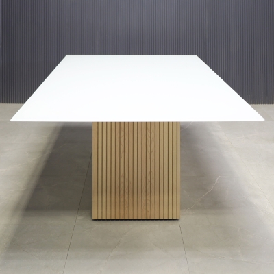 72-inch Omaha Rectangular Conference Table in 1/2-inch white tempered glass top and maple veneer tambour base.
