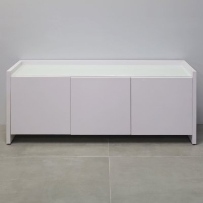 72-inch Aspen Storage Credenza in 1/2-inch white tempered glass top, and white gloss laminate credenza & doors.