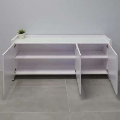 72-inch Aspen Storage Credenza in 1/2-inch white tempered glass top, and white gloss laminate credenza & doors.