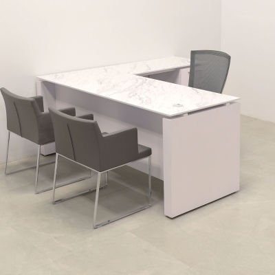 72-inch Denver L-Shape W/ Cabinet Executive Desk In 1/2-inch calcutta blanc engineered surface top and white matte laminate base and storage, with two pull-out drawers and one file cabinet.