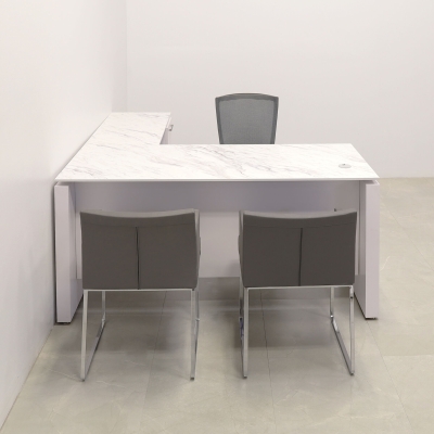 72-inch Denver L-Shape W/ Cabinet Executive Desk In 1/2-inch calcutta blanc engineered surface top and white matte laminate base and storage, with two pull-out drawers and one file cabinet.