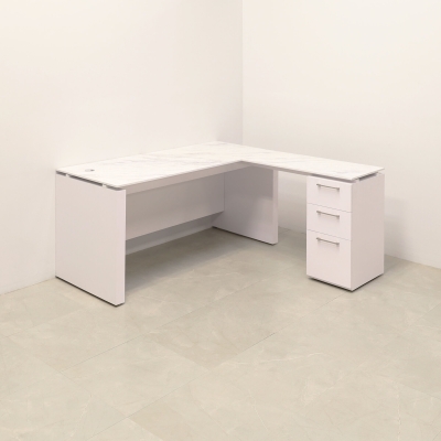 72-inch Denver L-Shape W/ Cabinet Executive Desk In 1/2-inch calcutta blanc engineered surface top and white matte laminate base and storage, with two pull-out drawers and one file cabinet.