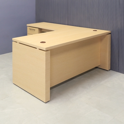 72-inch Denver L-Shape Executive Desk with cabinet & return on the left side when sitting, in maple veneer top, base, cabinet & privacy panel, shown here.