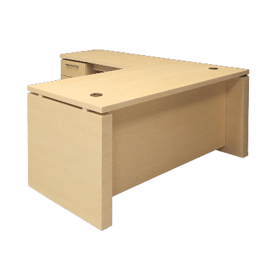 72-inch Denver L-Shape Executive Desk with cabinet & return on the left side when sitting, in maple veneer top, base, cabinet & privacy panel, shown here.