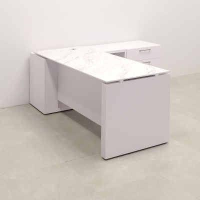 72-inch Denver Straight W/ Credenza Executive Desk in 1/2-inch calcutta blanc engineered surface top, and white matte laminate base, credenza, & privacy panel.