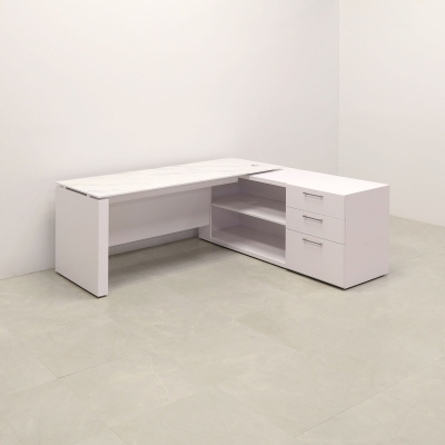 72-inch Denver Straight W/ Credenza Executive Desk in 1/2-inch calcutta blanc engineered surface top, and white matte laminate base, credenza, & privacy panel.