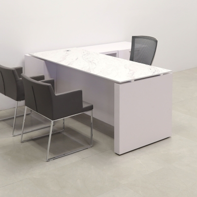 72-inch Denver Straight W/ Credenza Executive Desk in 1/2-inch calcutta blanc engineered surface top, and white matte laminate base, credenza, & privacy panel.