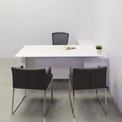 72-inch Avenue Straight W/ Cabinet Executive Desk in 1/2-inch white solid engineered surface top, and white gloss laminate base and credenza.