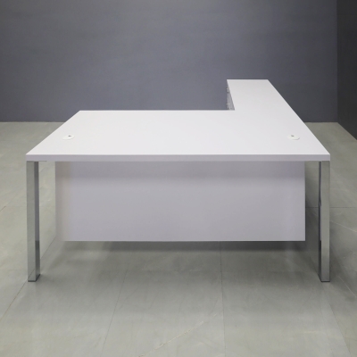72-inch Dallas L-Shape W/ Cabinet in white gloss laminate top, base & privacy panel. with chromed legs.
