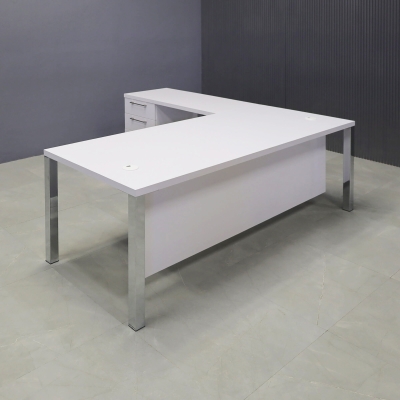 72-inch Dallas L-Shape W/ Cabinet in white gloss laminate top, base & privacy panel. with chromed legs.