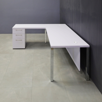 72-inch Dallas L-Shape W/ Cabinet in white gloss laminate top, base & privacy panel. with chromed legs.
