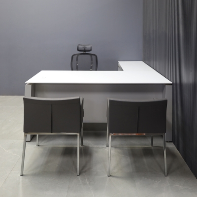 72-inch Denver L-Shape Executive Desk with Cabinet in 1/2-inch white solid engineered surface top and folkstone gray matte laminate on base, cabinet & privacy panel.