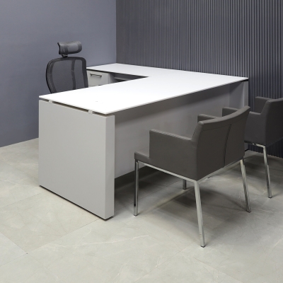 72-inch Denver L-Shape Executive Desk with Cabinet in 1/2-inch white solid engineered surface top and folkstone gray matte laminate on base, cabinet & privacy panel.
