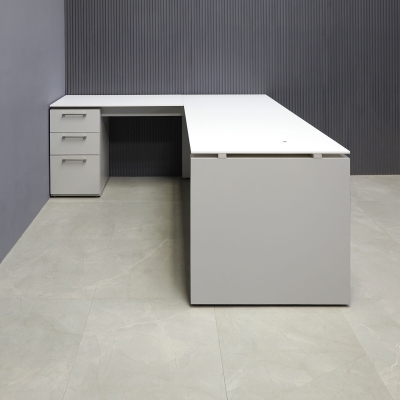 72-inch Denver L-Shape Executive Desk with Cabinet in 1/2-inch white solid engineered surface top and folkstone gray matte laminate on base, cabinet & privacy panel.