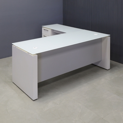 72-inch Denver L-Shape Executive Desk W/ Cabinet in 1/2-inch white tempered glass top, dover off-white matte laminate base & cabinet, and folkstone gray matte laminate  privacy panel.