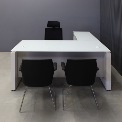 72-inch Denver L-Shape Executive Desk W/ Cabinet in 1/2-inch white tempered glass top, dover off-white matte laminate base & cabinet, and folkstone gray matte laminate  privacy panel.