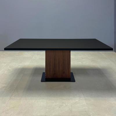 76-inch Newton Rectangular Conference Table in black traceless laminate top, and black stainless steel base covered in walnut tambour.