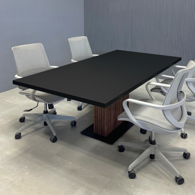 76-inch Newton Rectangular Conference Table in black traceless laminate top, and black stainless steel base covered in walnut tambour.