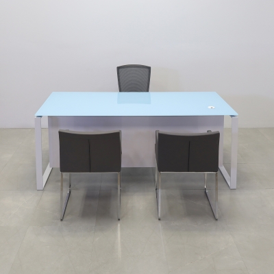 Aspen Straight Executive Desk With Tempered Glass Top in baby blue top, white gloss laminate privacy panel and white metal legs shown here.