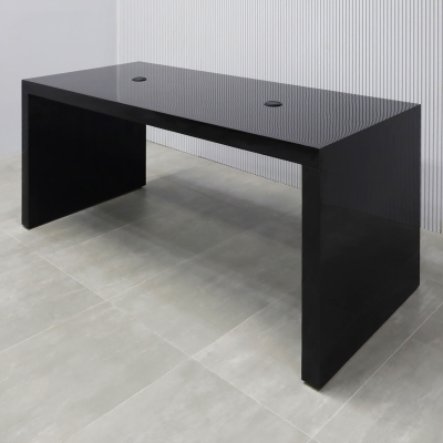 84-inch Ashville Laminate Collaboration Table in Black Gloss Laminate Finish, with two black MX1 power boxes.