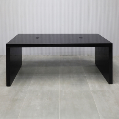 84-inch Ashville Laminate Collaboration Table in Black Gloss Laminate Finish, with two black MX1 power boxes.
