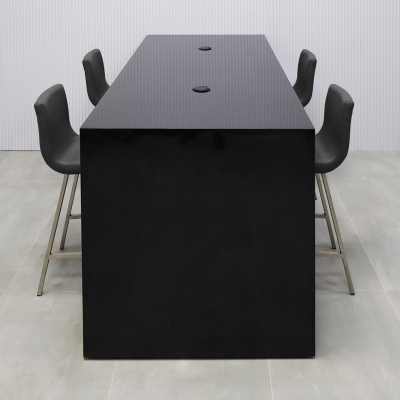 84-inch Ashville Laminate Collaboration Table in Black Gloss Laminate Finish, with two black MX1 power boxes.