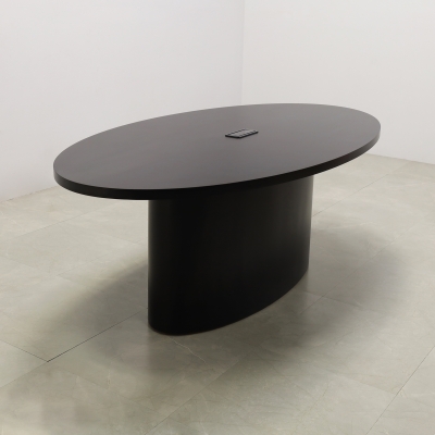 84-inch Newton Oval Conference Table With Laminate Top & base in black matte laminate, and black power box.