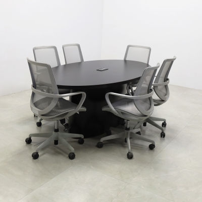 84-inch Newton Oval Conference Table With Laminate Top & base in black matte laminate, and black power box.