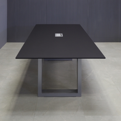 84-inch Aurora Rectangular Conference Table in 1/2-inch black traceless engineered surface top, silver metal u legs powder coated, and silver MX3 power box.