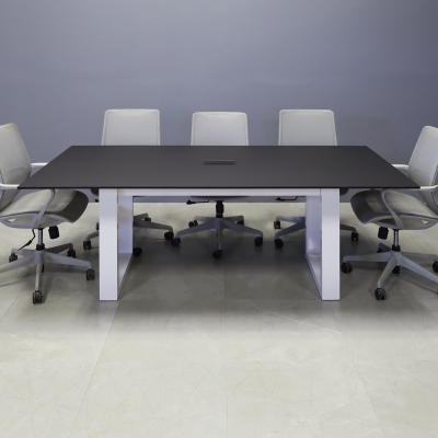 84-inch Aurora Rectangular Conference Table in 1/2-inch black traceless engineered surface top, white metal u legs powder coated, and black MX3 power box.