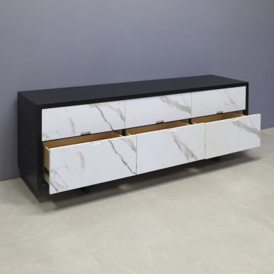 84-inch Seattle storage credenza in black traceless laminate credenza, and calcutta stone PVC doors.