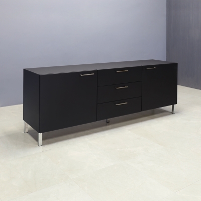 84-inch Naples Custom Storage Credenza in black traceless laminate credenza, and front drawers & doors, with brushed legs.