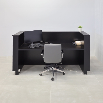 84-inch Dallas U-Shape Custom Reception Desk in black traceless tambour main desk, black matte laminate workspace & toe-kick, and warm white LED.